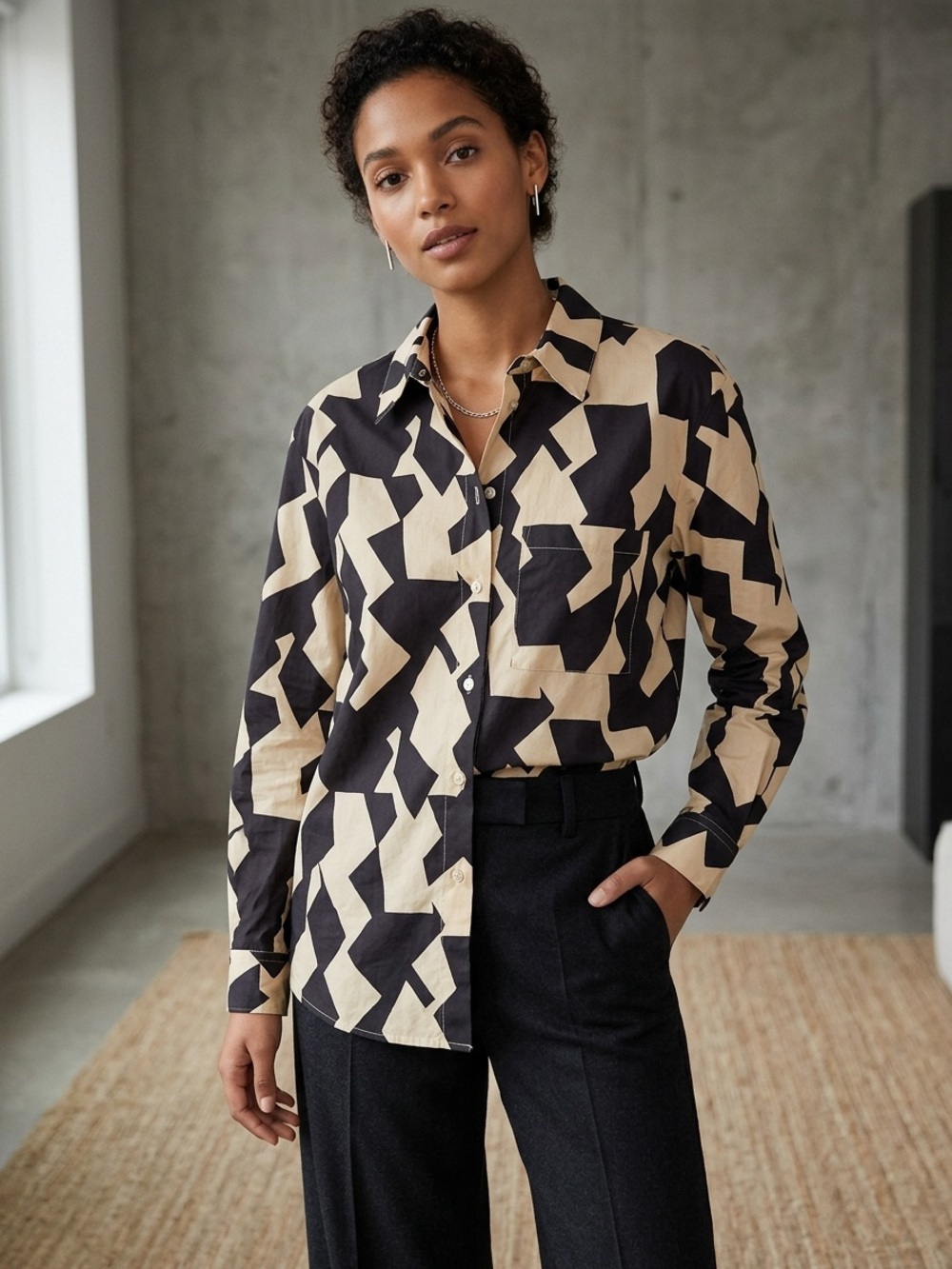 Zara Black and Cream Abstract Button-Down Shirt
